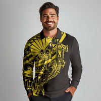 Yellow Marquesas Islands Long Sleeve Polo Shirt Marquesan Matatiki Hammerhead Shark Patutiki - Polynesian Pride