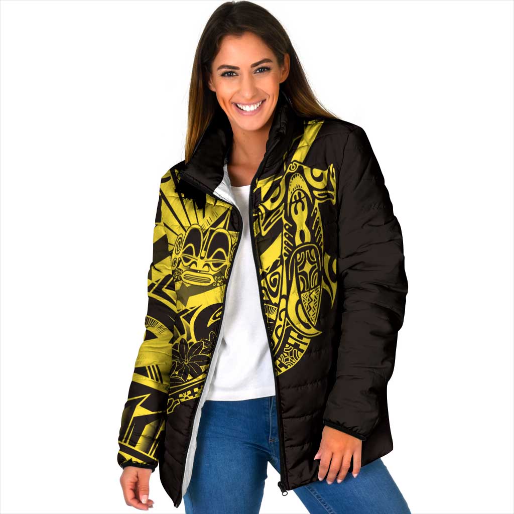Yellow Marquesas Islands Padded Jacket Marquesan Matatiki Hammerhead Shark Patutiki - Polynesian Pride