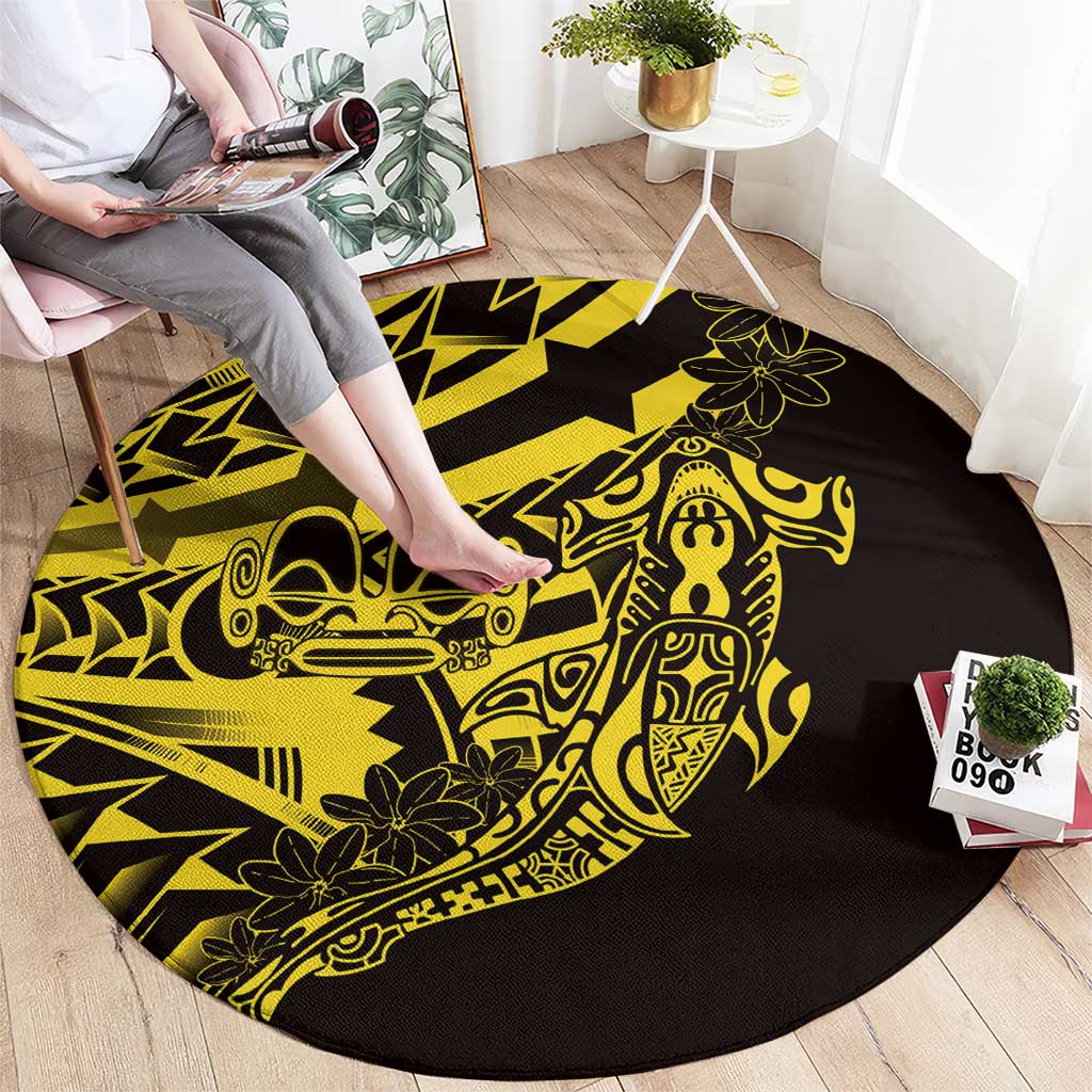 Yellow Marquesas Islands Round Carpet Marquesan Matatiki Hammerhead Shark Patutiki - Polynesian Pride