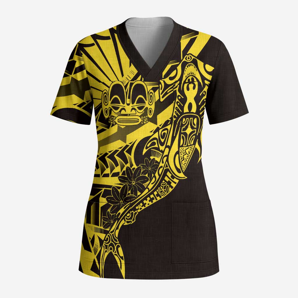 Yellow Marquesas Islands Scrub Top Marquesan Matatiki Hammerhead Shark Patutiki - Polynesian Pride