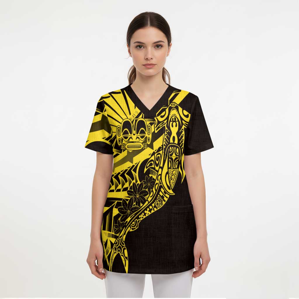 Yellow Marquesas Islands Scrub Top Marquesan Matatiki Hammerhead Shark Patutiki - Polynesian Pride