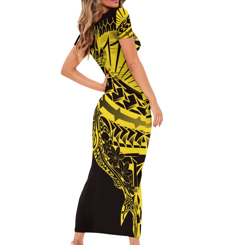 Yellow Marquesas Islands Short Sleeve Bodycon Dress Marquesan Matatiki Hammerhead Shark Patutiki - Polynesian Pride