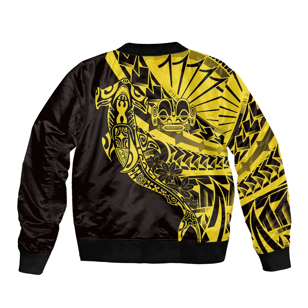 Yellow Marquesas Islands Sleeve Zip Bomber Jacket Marquesan Matatiki Hammerhead Shark Patutiki - Polynesian Pride