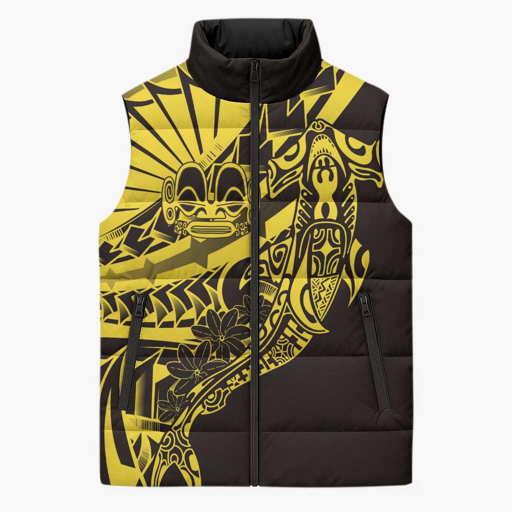 Yellow Marquesas Islands Sleeveless Puffer Jacket Marquesan Matatiki Hammerhead Shark Patutiki - Polynesian Pride