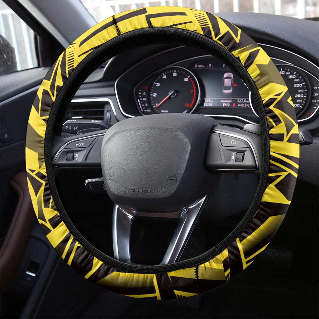 Yellow Marquesas Islands Steering Wheel Cover Marquesan Matatiki Hammerhead Shark Patutiki - Polynesian Pride