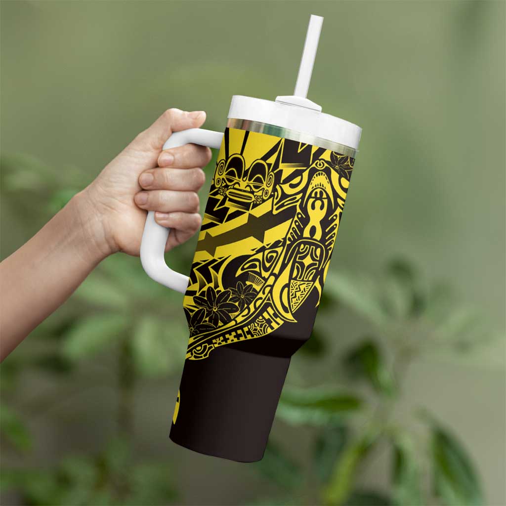 Yellow Marquesas Islands Tumbler With Handle Marquesan Matatiki Hammerhead Shark Patutiki - Polynesian Pride