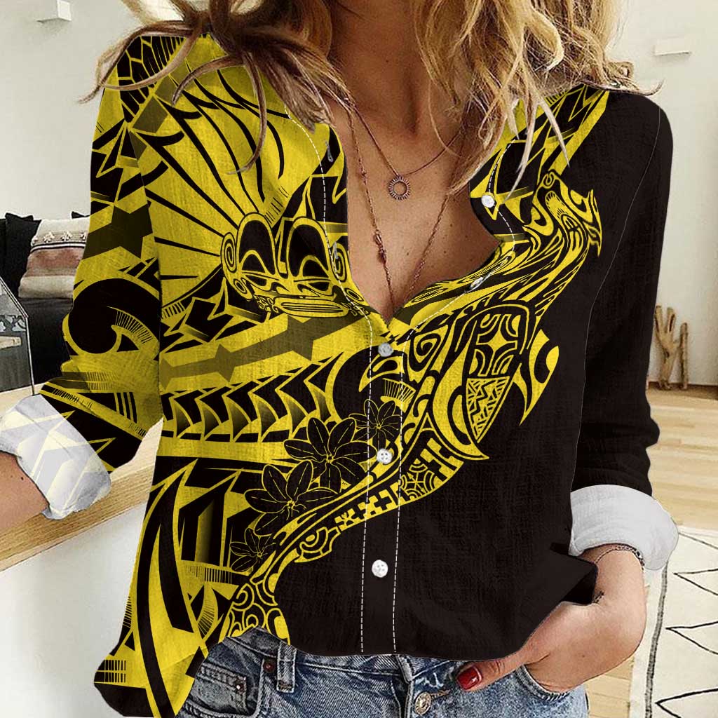 Yellow Marquesas Islands Women Casual Shirt Marquesan Matatiki Hammerhead Shark Patutiki - Polynesian Pride