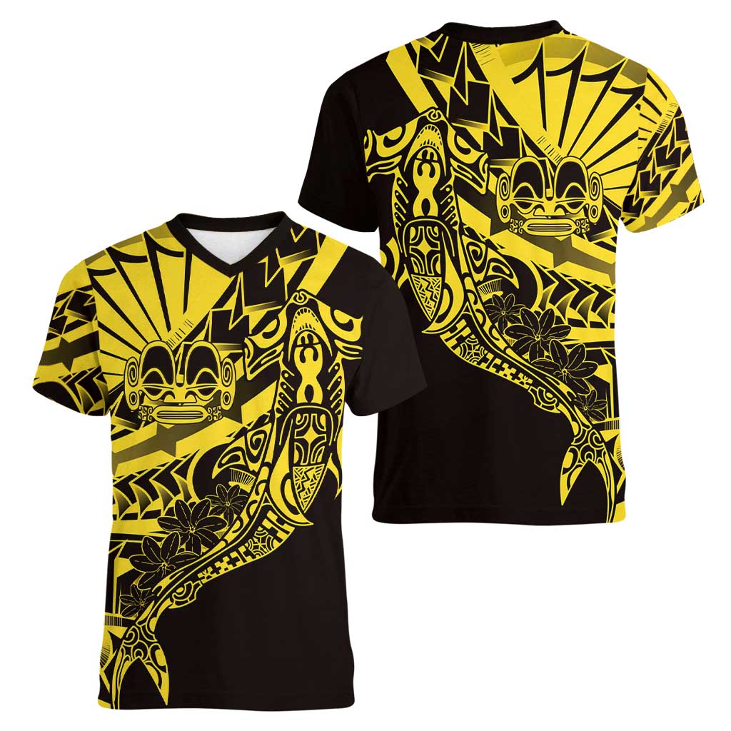 Yellow Marquesas Islands Women V-Neck T-Shirt Marquesan Matatiki Hammerhead Shark Patutiki - Polynesian Pride