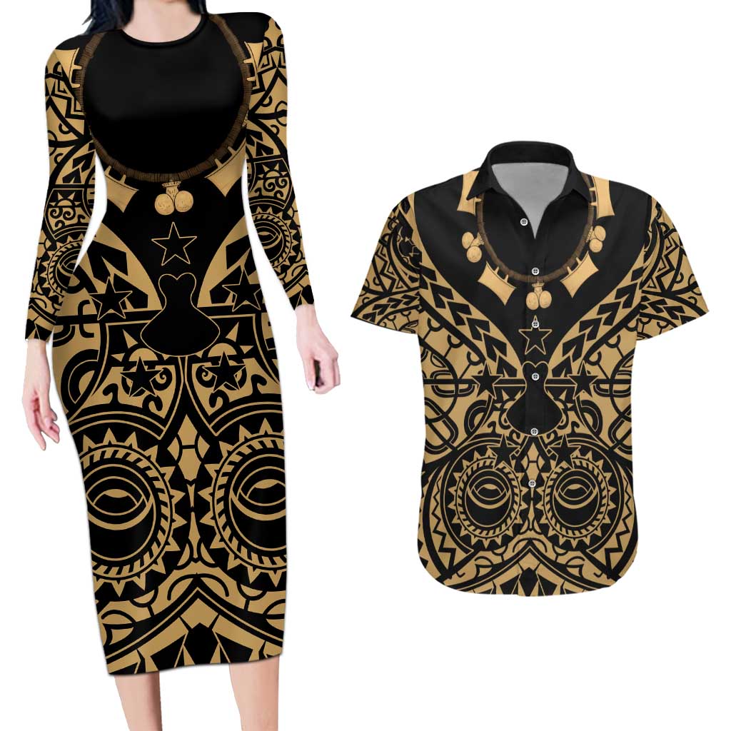 Austral Islands Couples Matching Long Sleeve Bodycon Dress and Hawaiian Shirt Tuhaa Pae Penu Stars Necklace Gold - Polynesian Pride