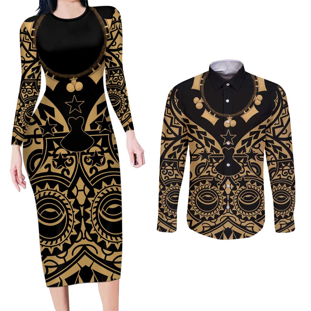 Austral Islands Couples Matching Long Sleeve Bodycon Dress and Long Sleeve Button Shirt Tuhaa Pae Penu Stars Necklace Gold - Polynesian Pride