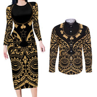 Austral Islands Couples Matching Long Sleeve Bodycon Dress and Long Sleeve Button Shirt Tuhaa Pae Penu Stars Necklace Gold - Polynesian Pride