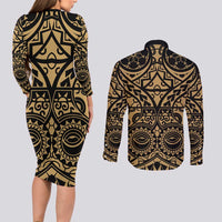 Austral Islands Couples Matching Long Sleeve Bodycon Dress and Long Sleeve Button Shirt Tuhaa Pae Penu Stars Necklace Gold - Polynesian Pride