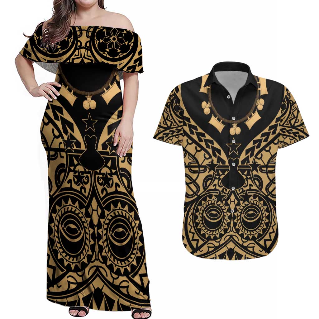 Austral Islands Couples Matching Off Shoulder Maxi Dress and Hawaiian Shirt Tuhaa Pae Penu Stars Necklace Gold - Polynesian Pride