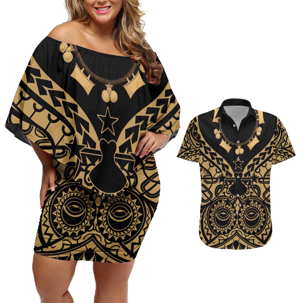 Austral Islands Couples Matching Off Shoulder Short Dress and Hawaiian Shirt Tuhaa Pae Penu Stars Necklace Gold - Polynesian Pride