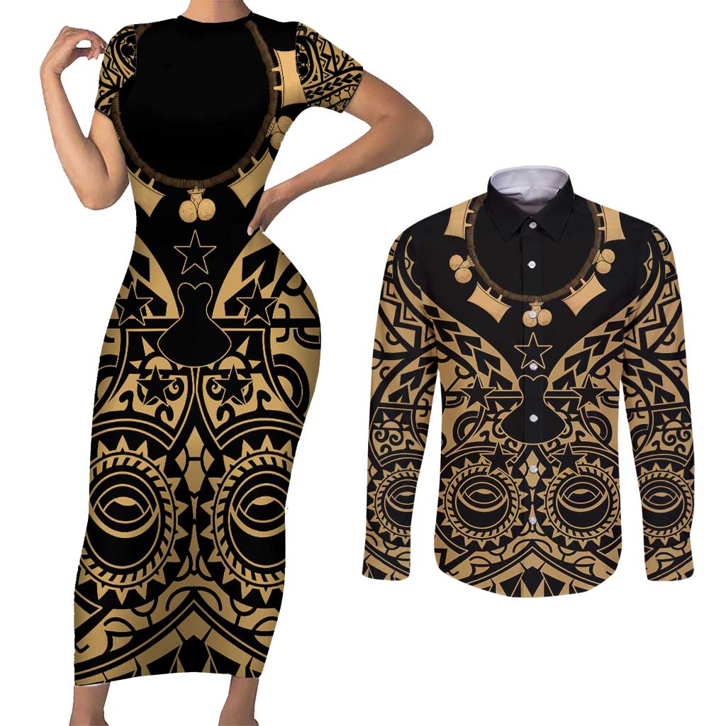 Austral Islands Couples Matching Short Sleeve Bodycon Dress and Long Sleeve Button Shirt Tuhaa Pae Penu Stars Necklace Gold - Polynesian Pride