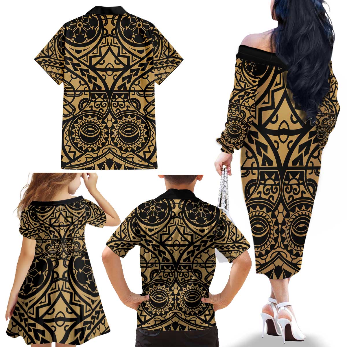Austral Islands Family Matching Off The Shoulder Long Sleeve Dress and Hawaiian Shirt Tuhaa Pae Penu Stars Necklace Gold - Polynesian Pride