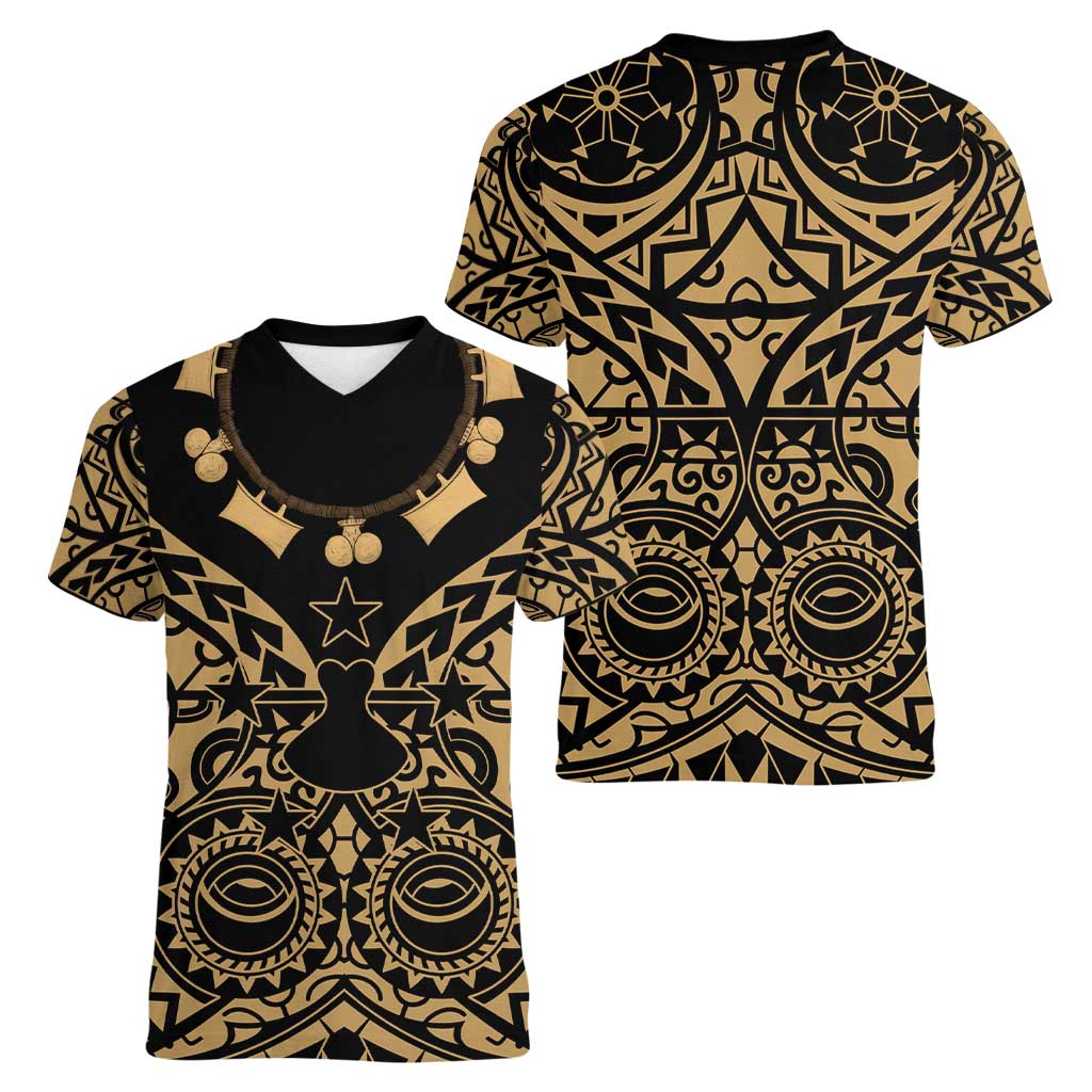 Austral Islands Women V-Neck T-Shirt Tuhaa Pae Penu Stars Necklace Gold - Polynesian Pride