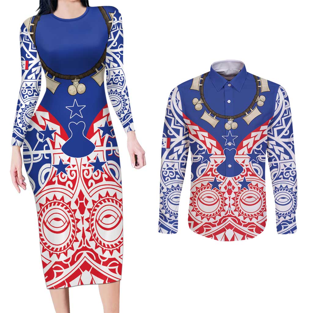 Austral Islands Couples Matching Long Sleeve Bodycon Dress and Long Sleeve Button Shirt Tuhaa Pae Penu Stars Necklace Red - Polynesian Pride