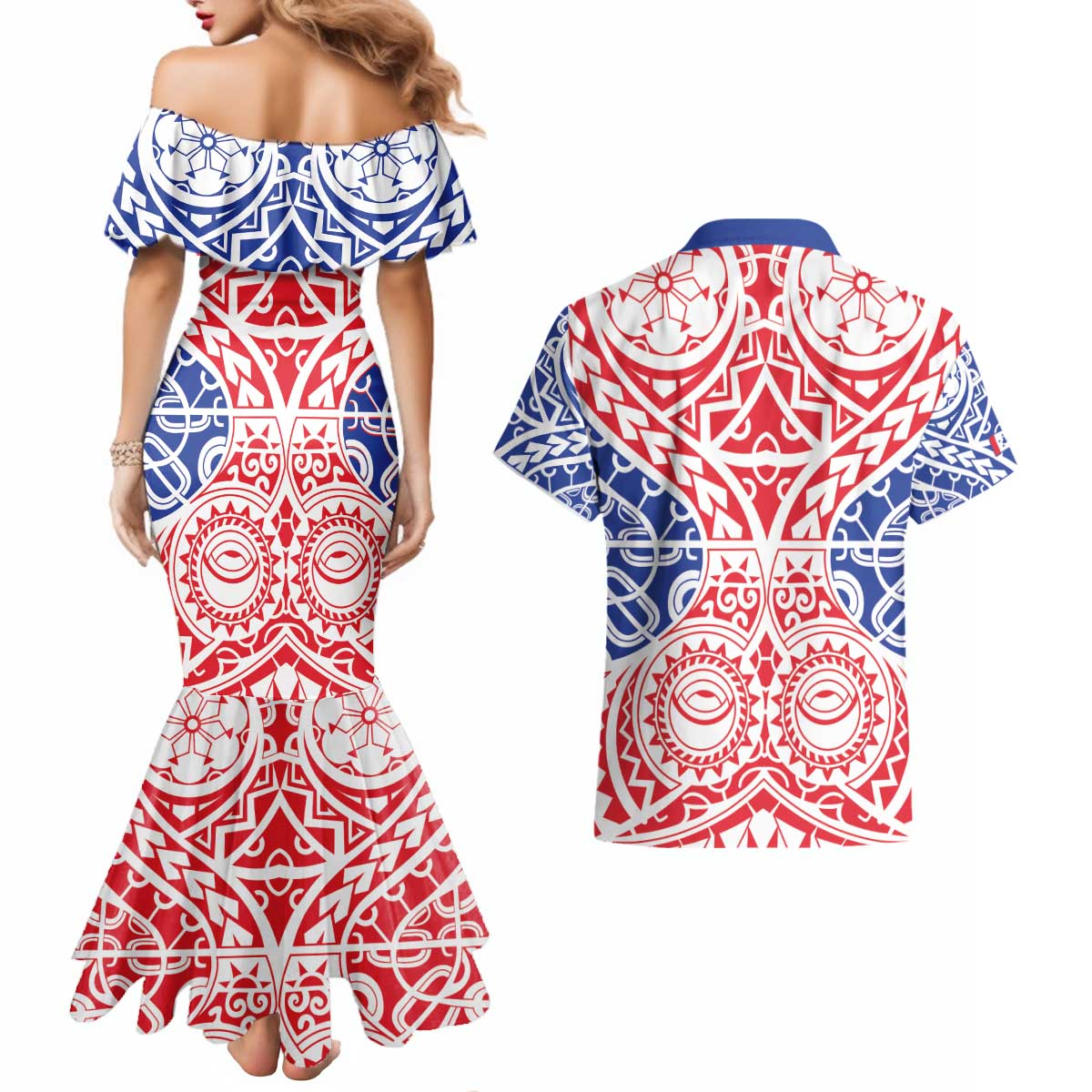 Austral Islands Couples Matching Mermaid Dress and Hawaiian Shirt Tuhaa Pae Penu Stars Necklace Red - Polynesian Pride