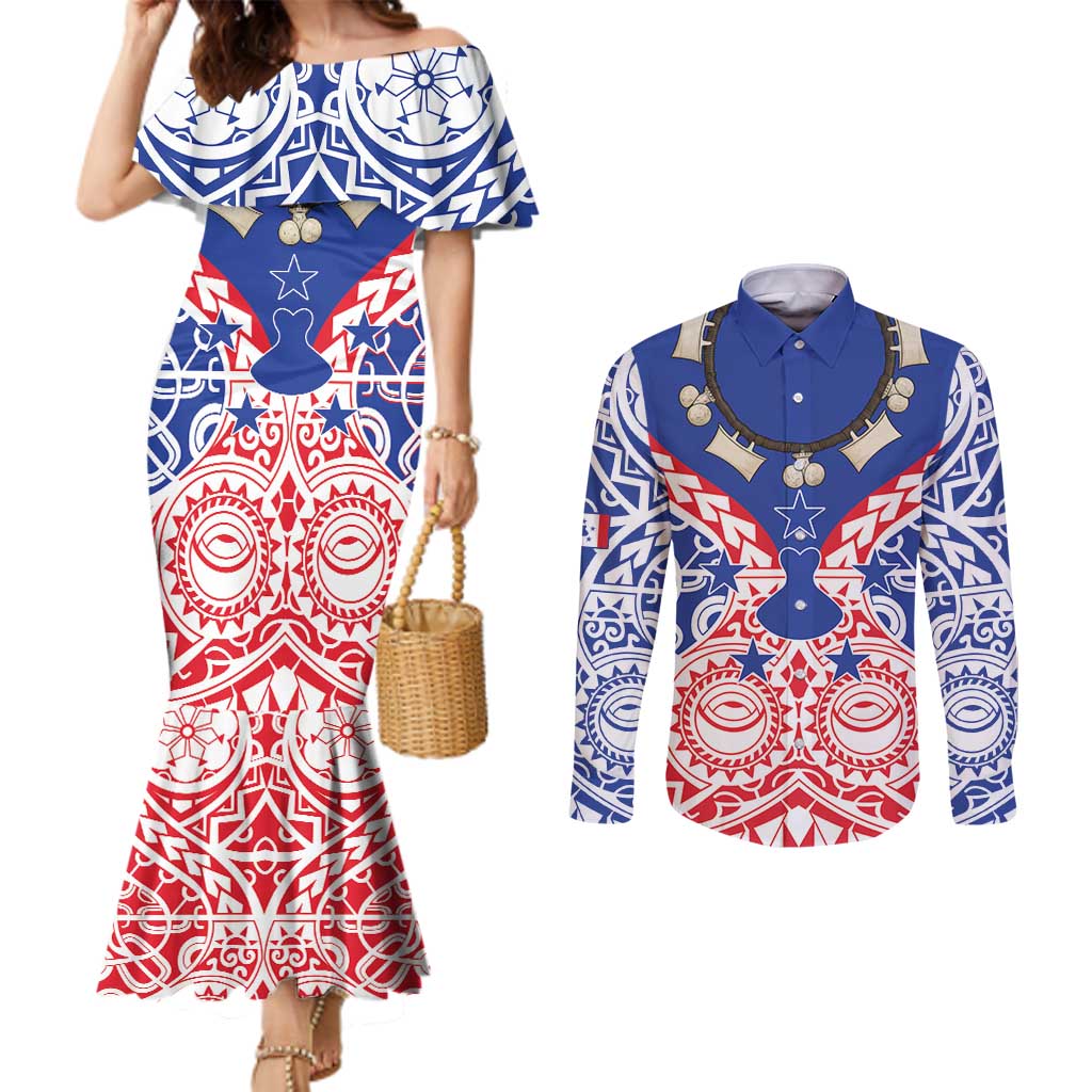 Austral Islands Couples Matching Mermaid Dress and Long Sleeve Button Shirt Tuhaa Pae Penu Stars Necklace Red - Polynesian Pride