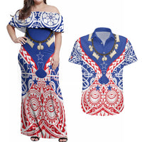 Austral Islands Couples Matching Off Shoulder Maxi Dress and Hawaiian Shirt Tuhaa Pae Penu Stars Necklace Red - Polynesian Pride
