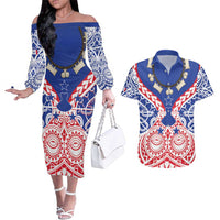 Austral Islands Couples Matching Off The Shoulder Long Sleeve Dress and Hawaiian Shirt Tuhaa Pae Penu Stars Necklace Red - Polynesian Pride