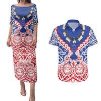 Austral Islands Couples Matching Puletasi and Hawaiian Shirt Tuhaa Pae Penu Stars Necklace Red - Polynesian Pride