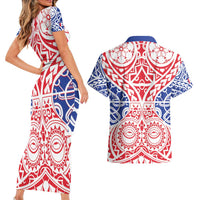 Austral Islands Couples Matching Short Sleeve Bodycon Dress and Hawaiian Shirt Tuhaa Pae Penu Stars Necklace Red - Polynesian Pride