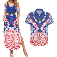 Austral Islands Couples Matching Summer Maxi Dress and Hawaiian Shirt Tuhaa Pae Penu Stars Necklace Red - Polynesian Pride