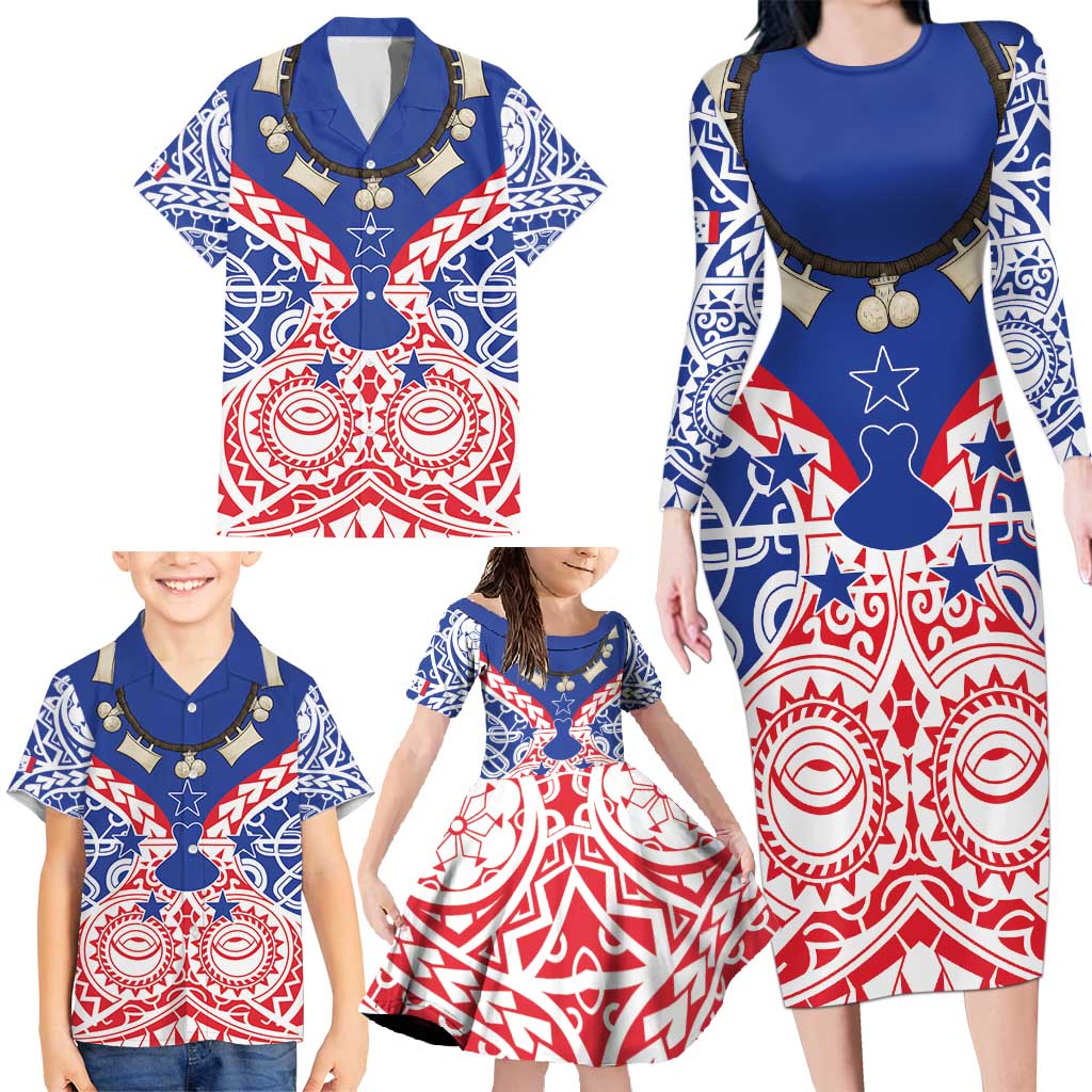 Austral Islands Family Matching Long Sleeve Bodycon Dress and Hawaiian Shirt Tuhaa Pae Penu Stars Necklace Red - Polynesian Pride