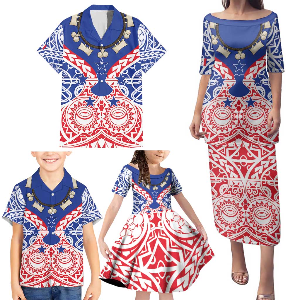 Austral Islands Family Matching Puletasi and Hawaiian Shirt Tuhaa Pae Penu Stars Necklace Red - Polynesian Pride