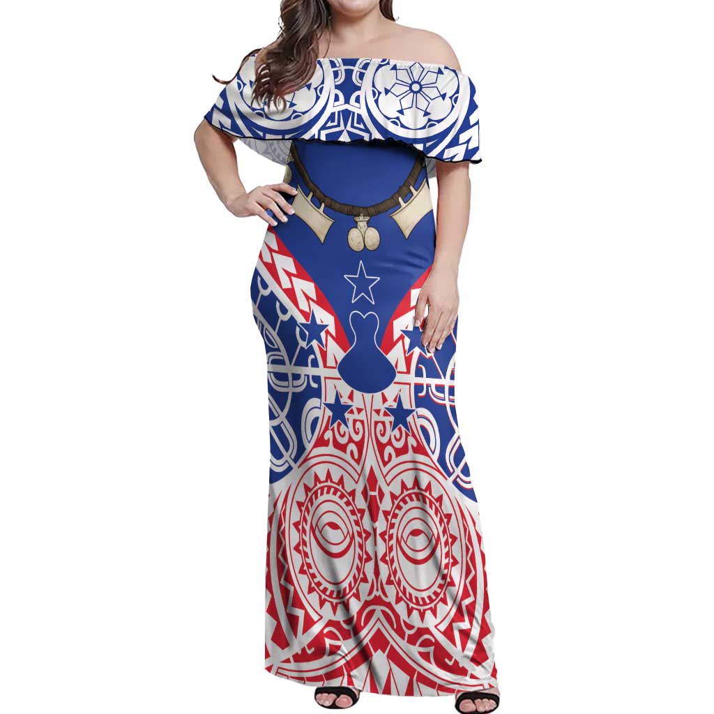 Austral Islands Off Shoulder Maxi Dress Tuhaa Pae Penu Stars Necklace Red - Polynesian Pride