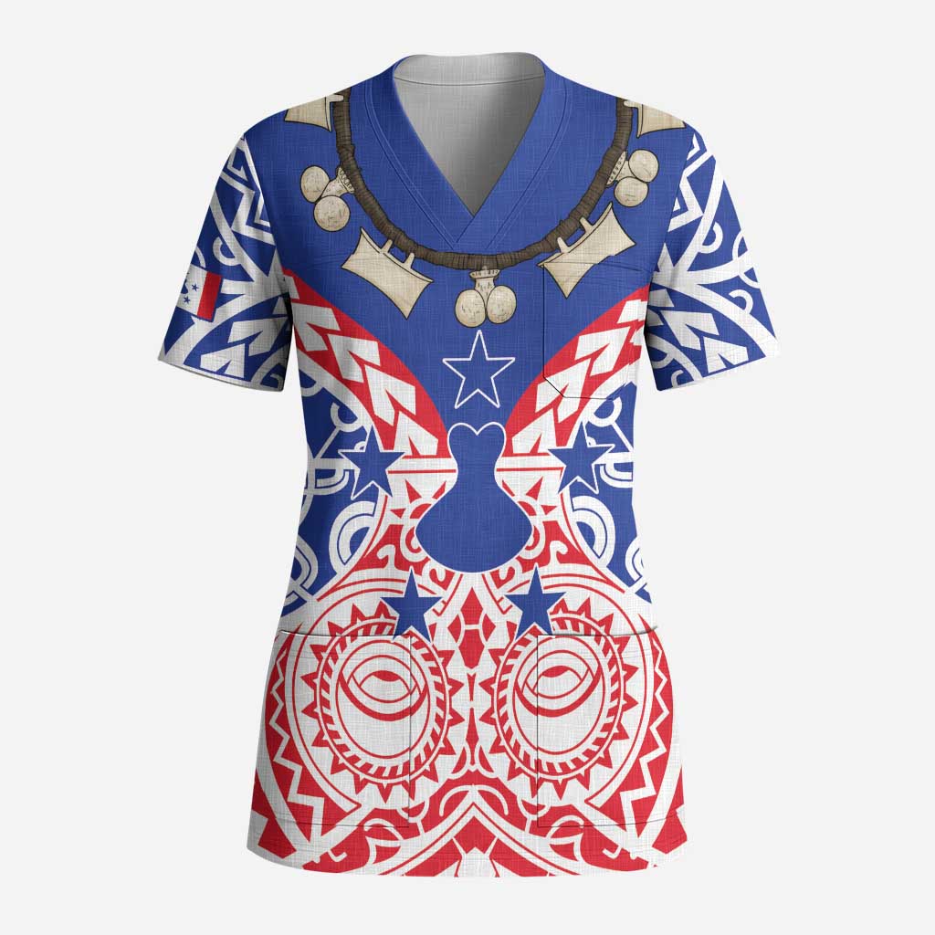 Austral Islands Scrub Top Tuhaa Pae Penu Stars Necklace Red - Polynesian Pride