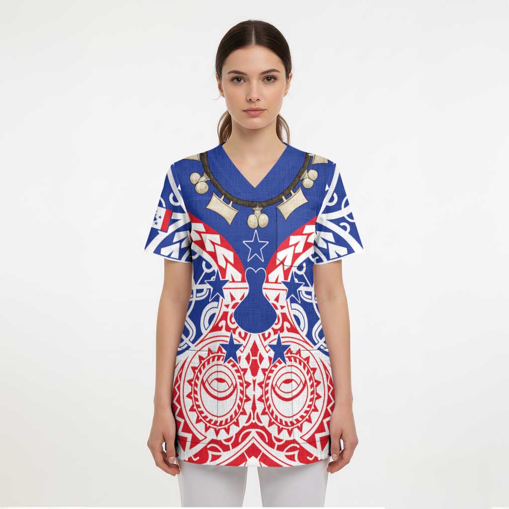 Austral Islands Scrub Top Tuhaa Pae Penu Stars Necklace Red - Polynesian Pride