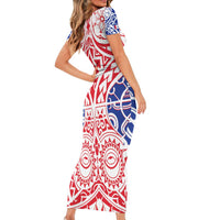 Austral Islands Short Sleeve Bodycon Dress Tuhaa Pae Penu Stars Necklace Red - Polynesian Pride