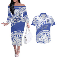 Personalised Samoa St Josephs College Couples Matching Off The Shoulder Long Sleeve Dress and Hawaiian Shirt Marist Brothers Samoan Pattern LT14 Blue - Polynesian Pride