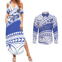 Personalised Samoa St Josephs College Couples Matching Summer Maxi Dress and Long Sleeve Button Shirt Marist Brothers Samoan Pattern LT14 Blue - Polynesian Pride