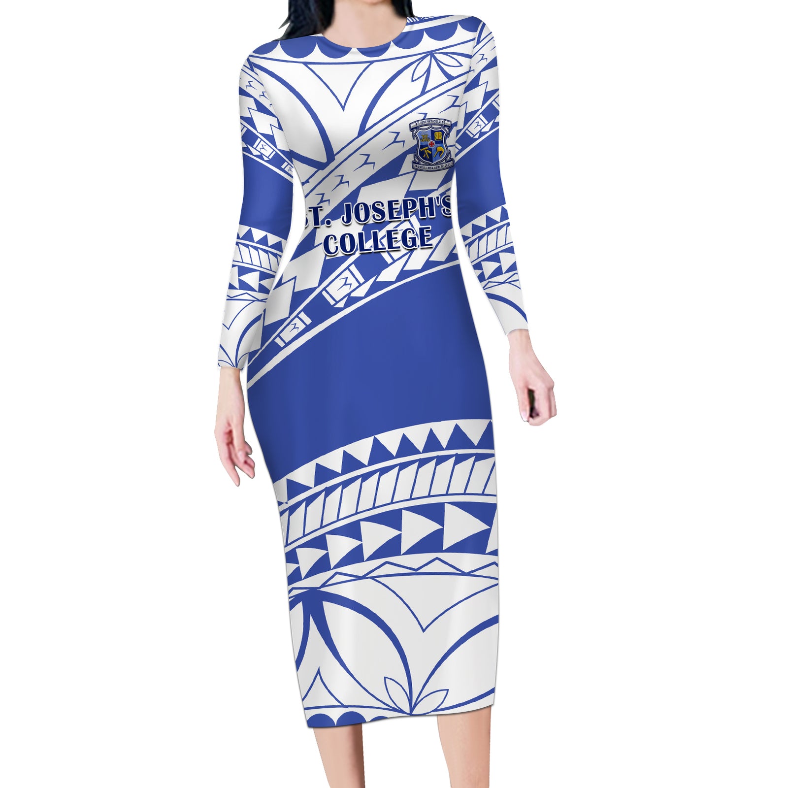 Personalised Samoa St Josephs College Long Sleeve Bodycon Dress Marist Brothers Samoan Pattern LT14 Long Dress Blue - Polynesian Pride