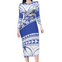 Personalised Samoa St Josephs College Long Sleeve Bodycon Dress Marist Brothers Samoan Pattern LT14 Long Dress Blue - Polynesian Pride