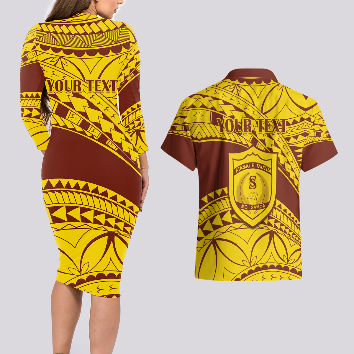 Personalised Samoa College Couples Matching Long Sleeve Bodycon Dress and Hawaiian Shirt Samoan Pattern LT14 - Polynesian Pride