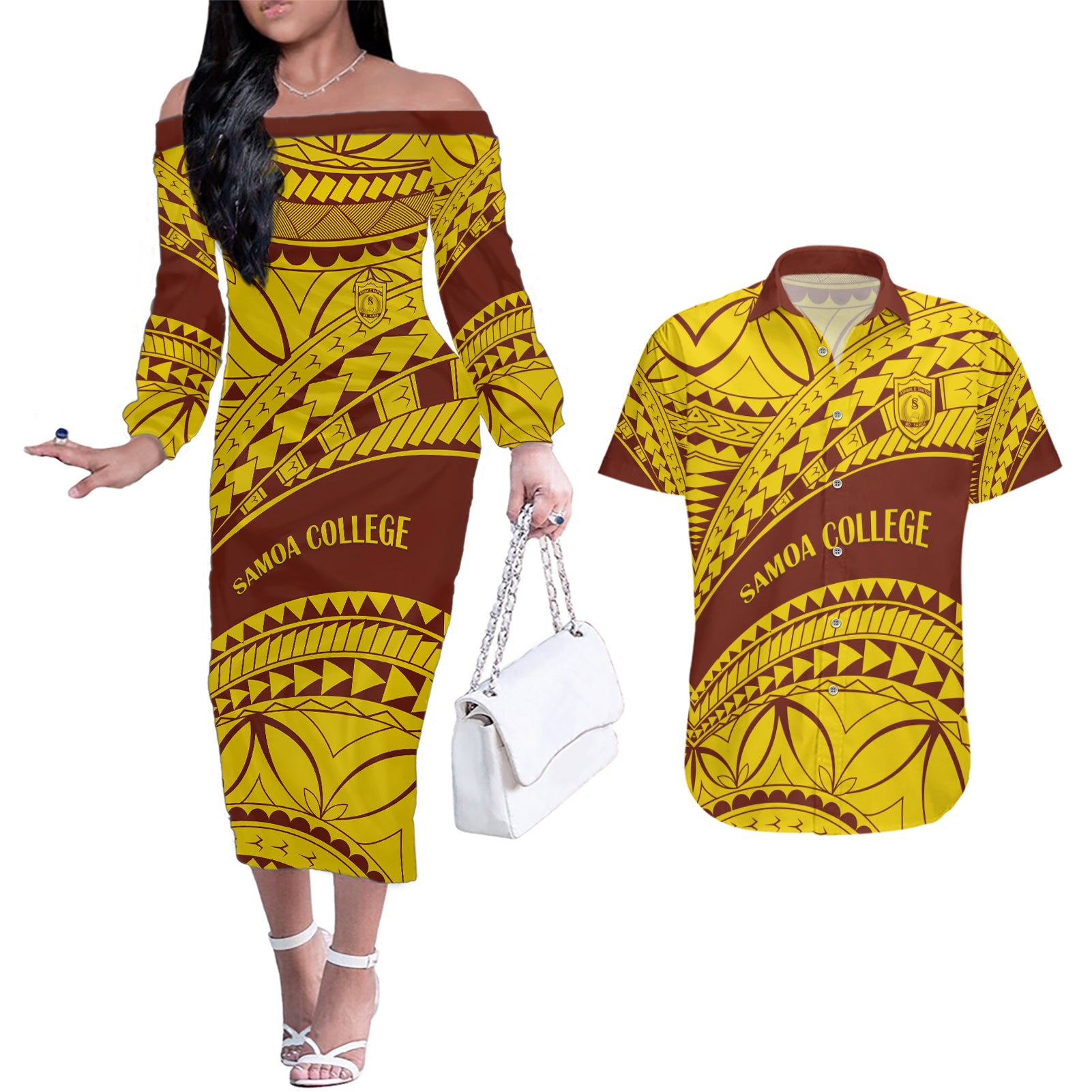 Personalised Samoa College Couples Matching Off The Shoulder Long Sleeve Dress and Hawaiian Shirt Samoan Pattern LT14 Gold - Polynesian Pride