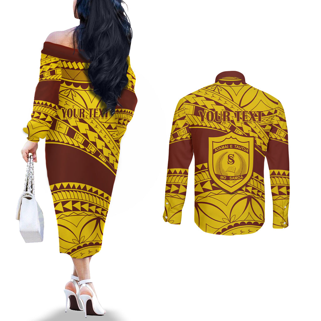 Personalised Samoa College Couples Matching Off The Shoulder Long Sleeve Dress and Long Sleeve Button Shirt Samoan Pattern LT14 - Polynesian Pride