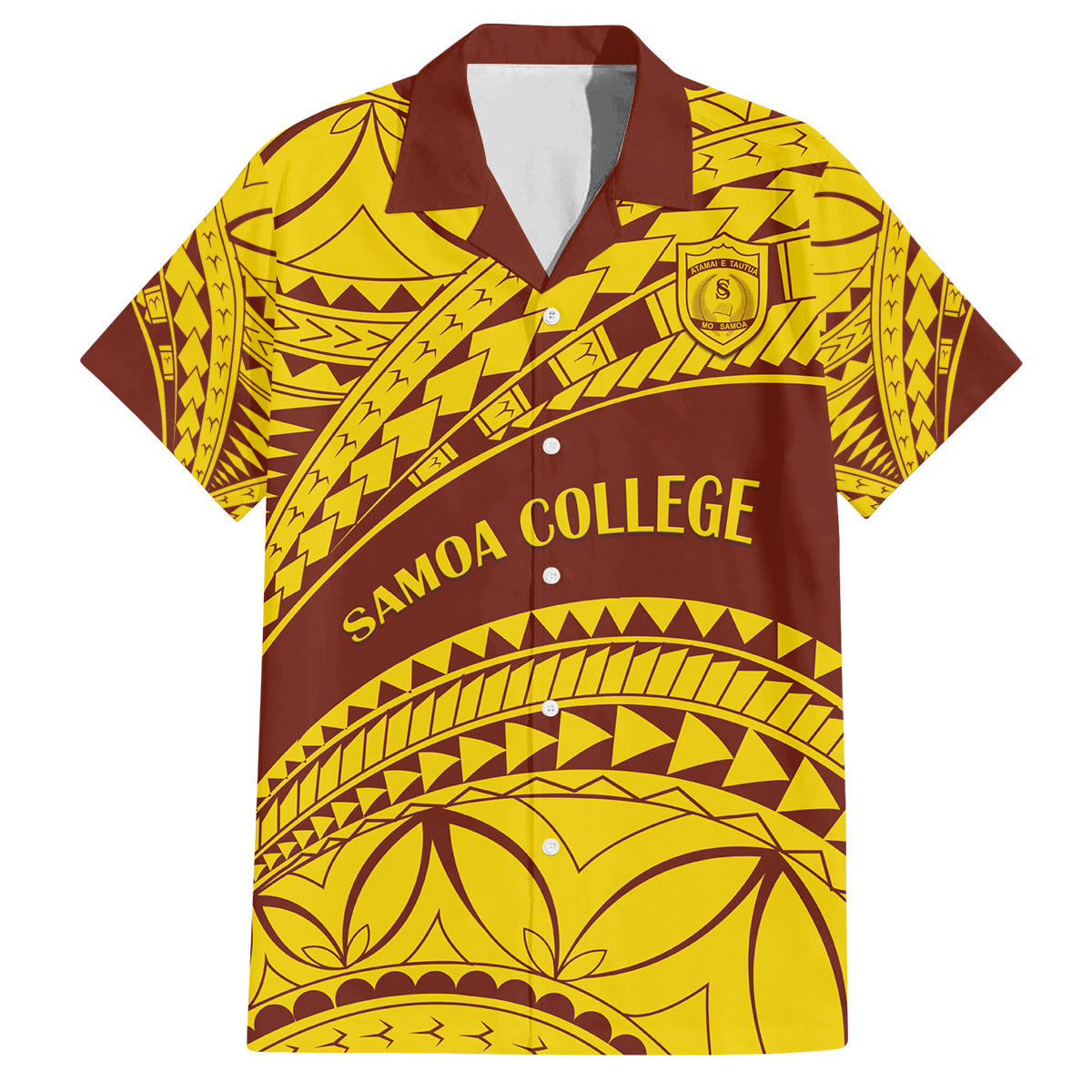 Personalised Samoa College Family Matching Long Sleeve Bodycon Dress and Hawaiian Shirt Samoan Pattern LT14 Dad's Shirt - Short Sleeve Gold - Polynesian Pride