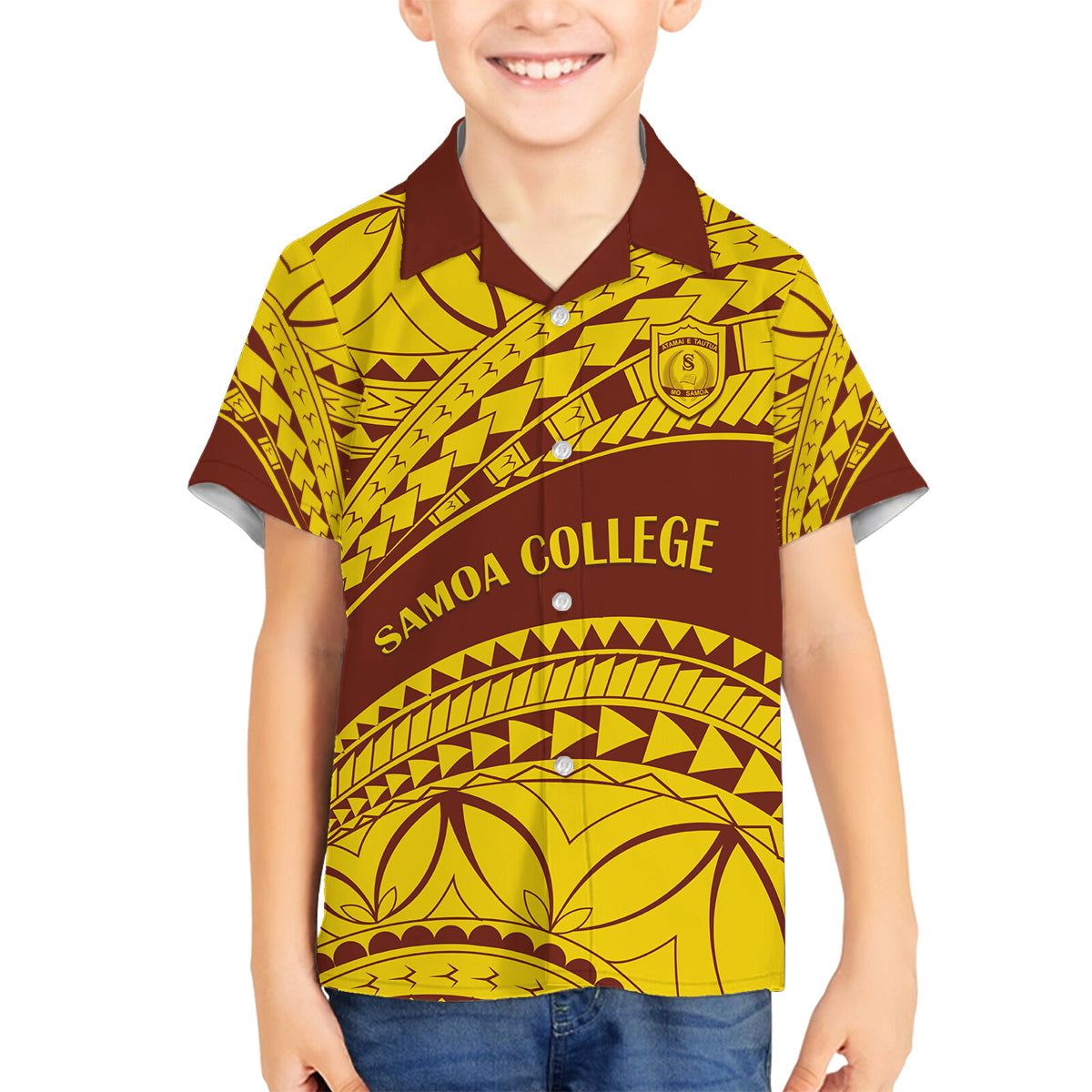 Personalised Samoa College Family Matching Long Sleeve Bodycon Dress and Hawaiian Shirt Samoan Pattern LT14 Son's Shirt Gold - Polynesian Pride