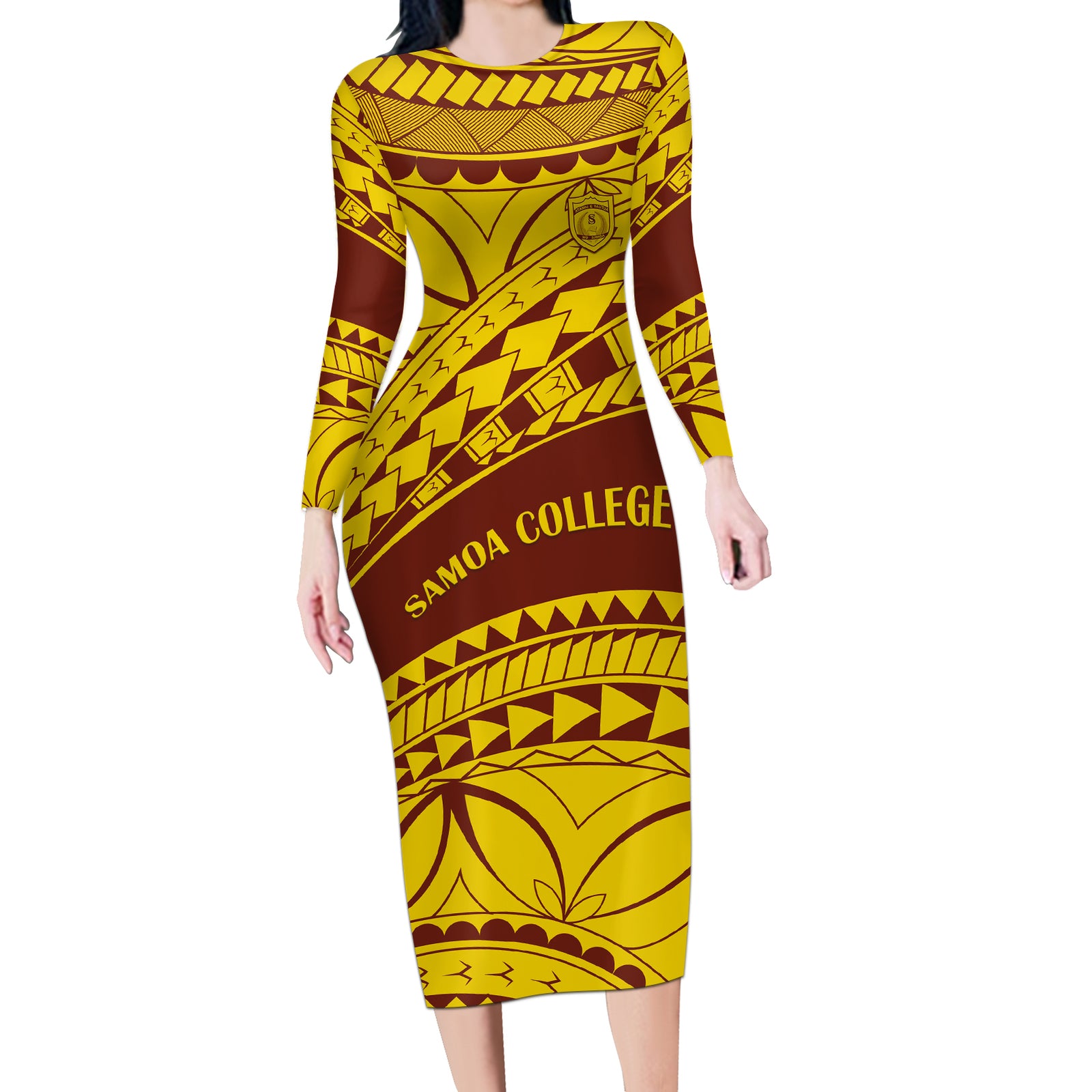 Personalised Samoa College Long Sleeve Bodycon Dress Samoan Pattern LT14 Long Dress Gold - Polynesian Pride