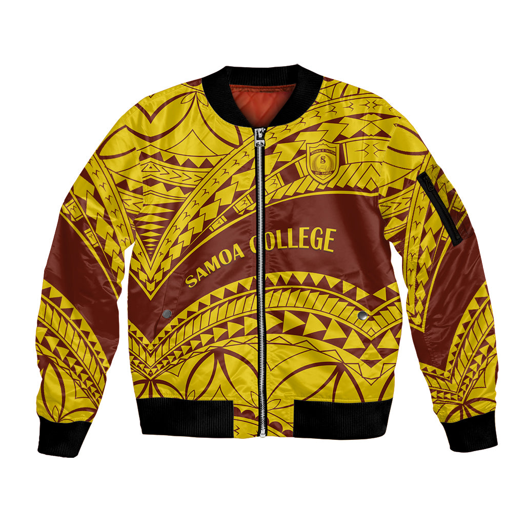 Personalised Samoa College Sleeve Zip Bomber Jacket Samoan Pattern LT14 Unisex Gold - Polynesian Pride