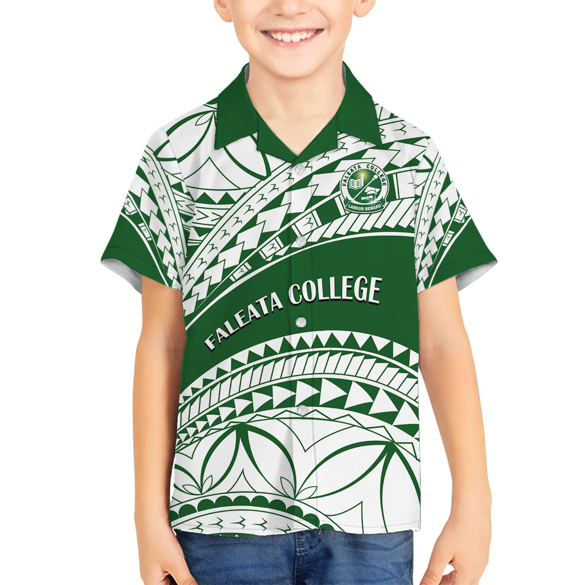 Personalised Samoa Faleata College Family Matching Tank Maxi Dress and Hawaiian Shirt Samoan Pattern LT14 Son's Shirt Green - Polynesian Pride