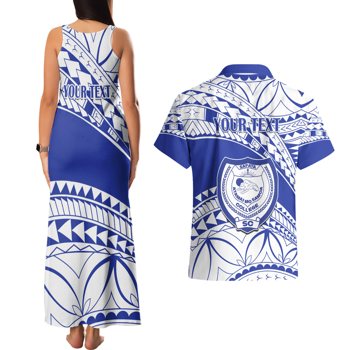 Personalised Samoa Safata College Couples Matching Tank Maxi Dress and Hawaiian Shirt Samoan Pattern LT14 - Polynesian Pride