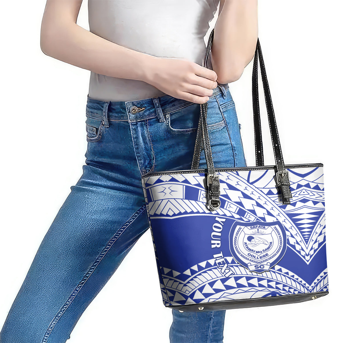 Personalised Samoa Safata College Leather Tote Bag Samoan Pattern LT14 - Polynesian Pride