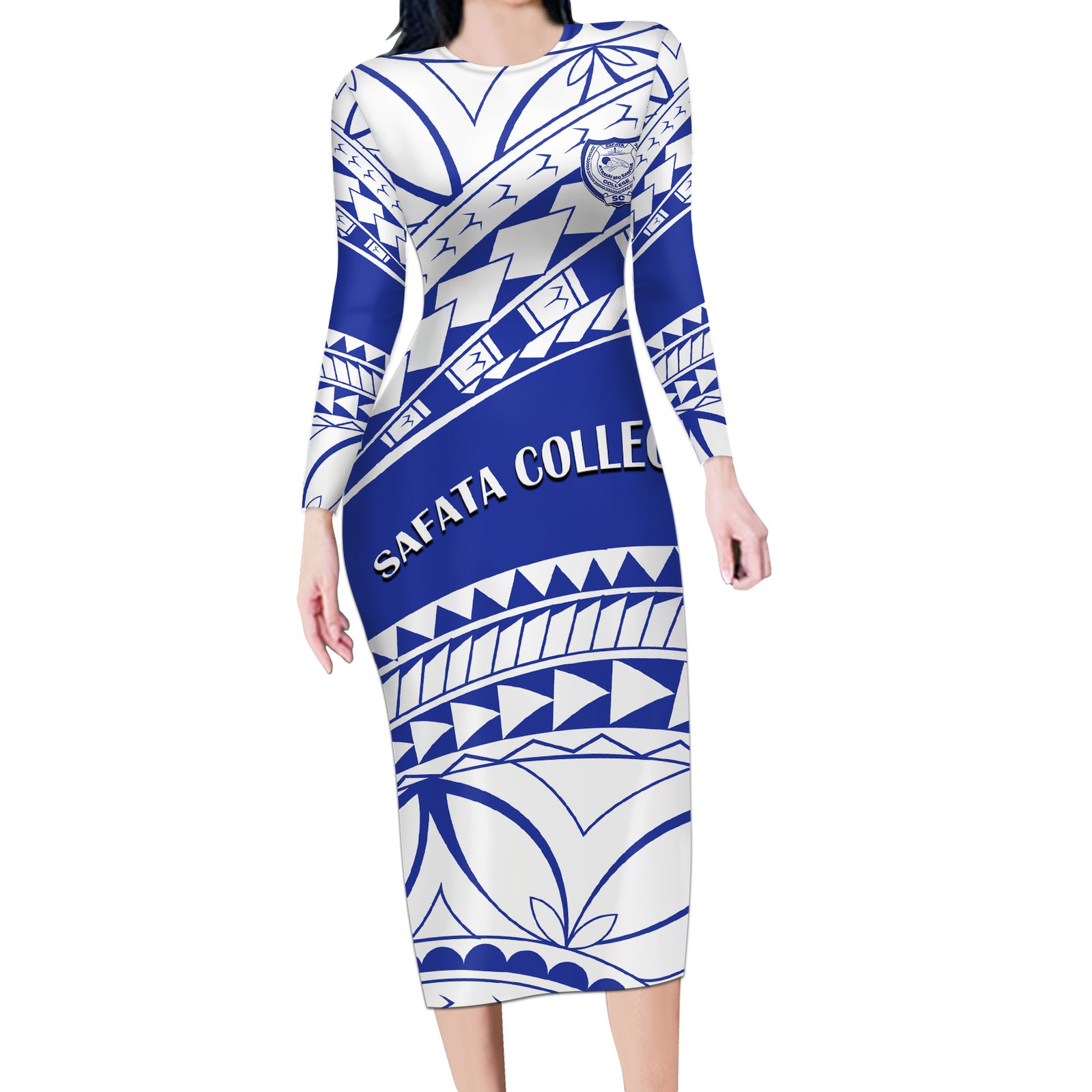 Personalised Samoa Safata College Long Sleeve Bodycon Dress Samoan Pattern LT14 Long Dress Blue - Polynesian Pride